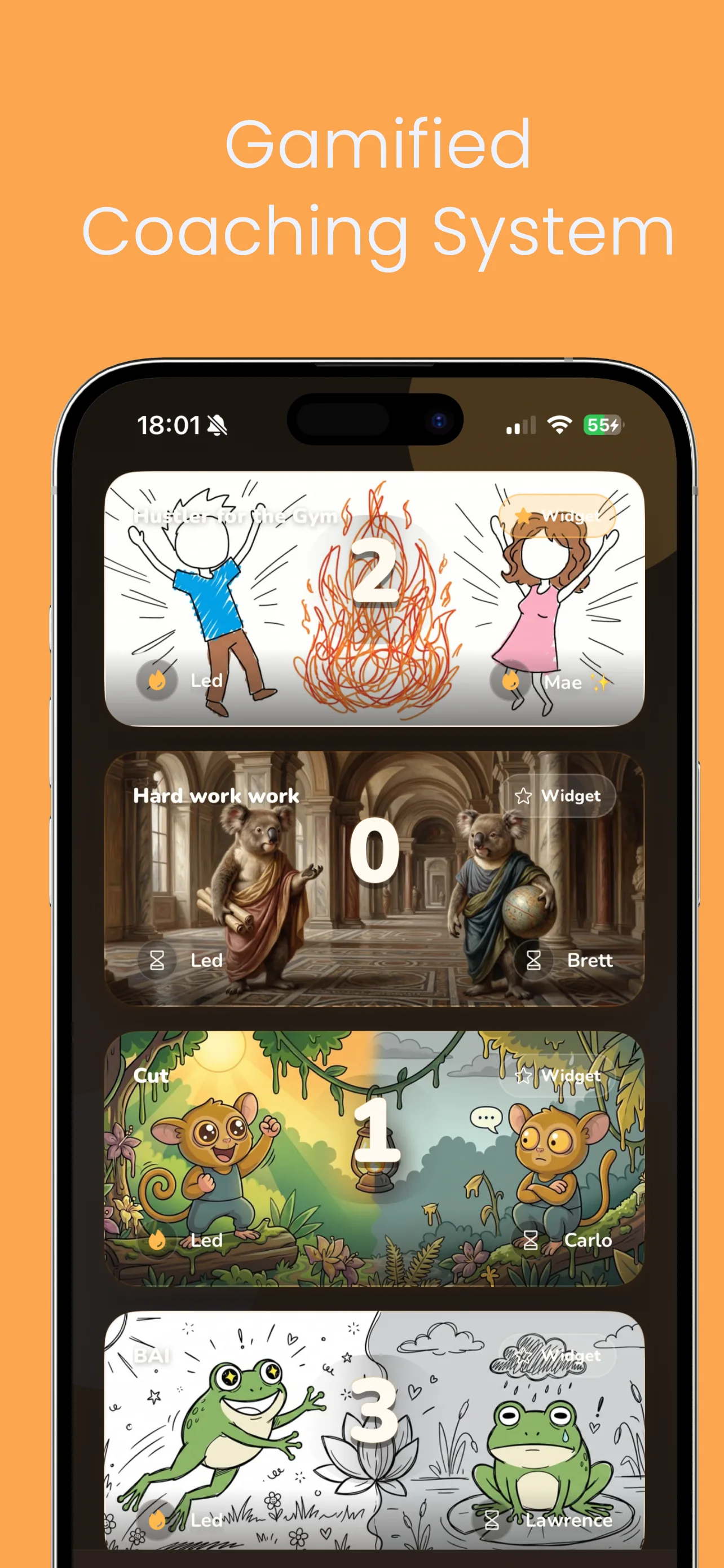 Sociertio streak cards showing different skin themes for each coach pairing.