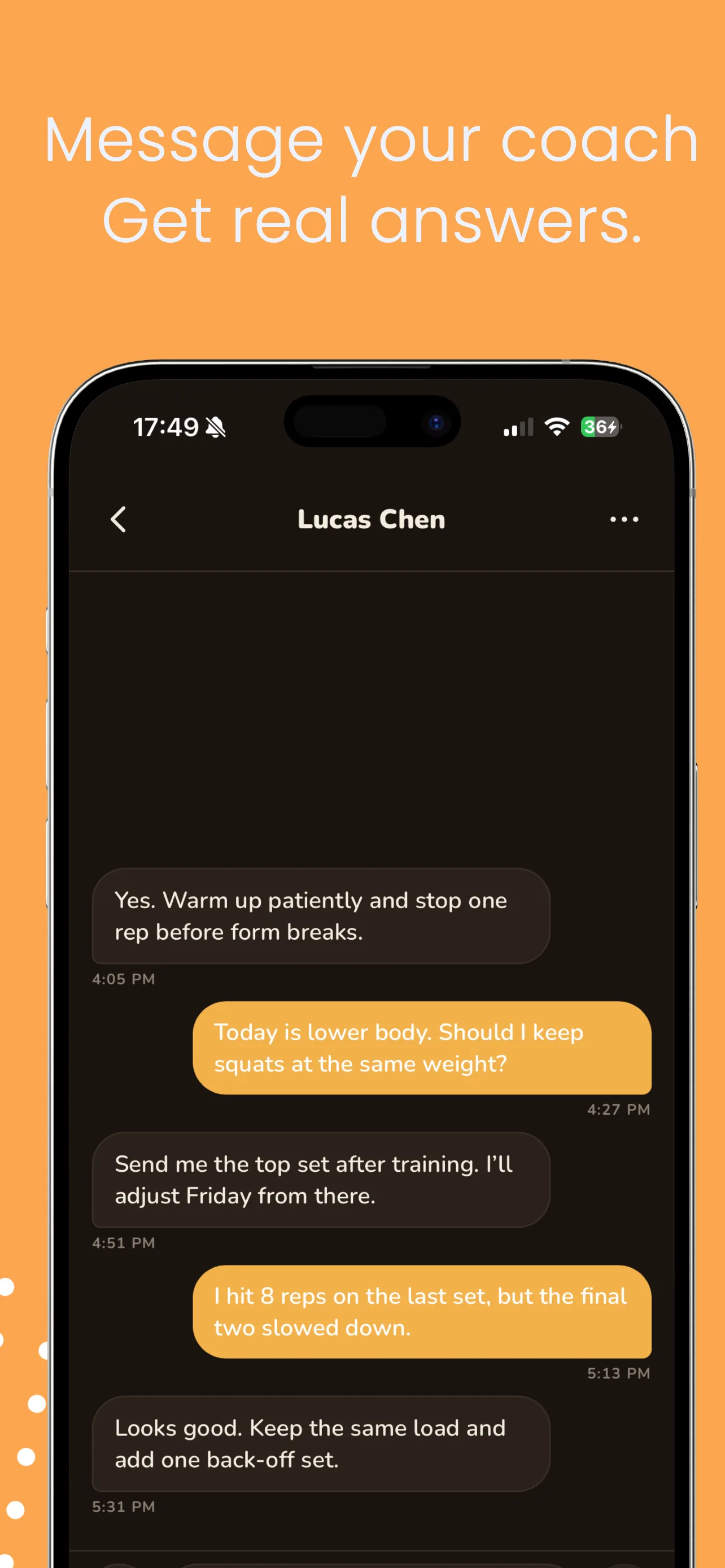 Sociertio direct messaging thread between a client and their coach.
